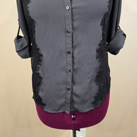 Women's Express Gray Button Down Blouse w/ Sheer Lace Sides | Size Small - Picture 5 of 10